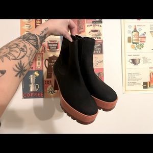 Black Faux Suede/wood platform ankle boots. NEVER WORN